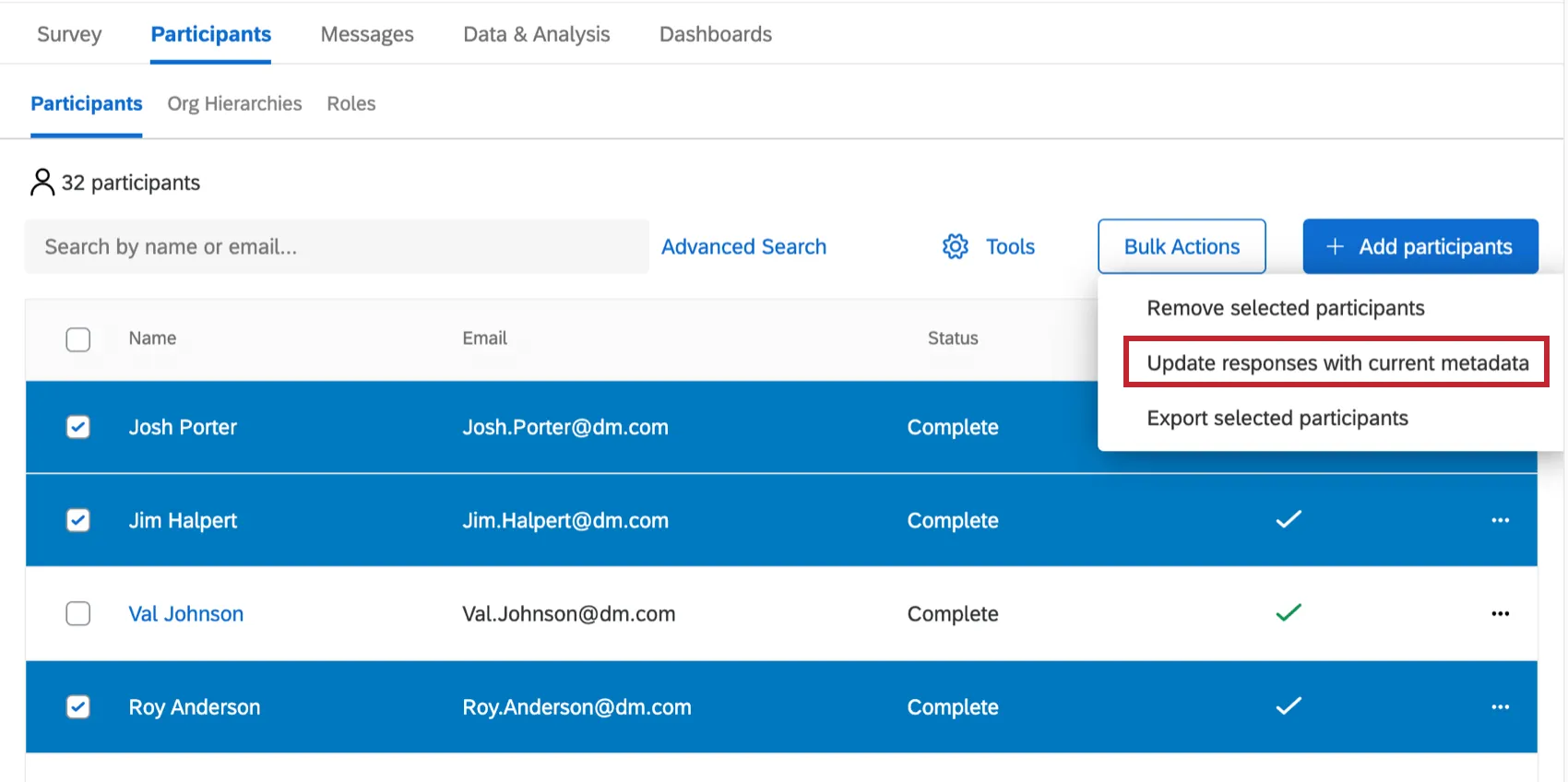 Dropdown arrow by Bulk Actions box allows you to Update (selected) Response with Current Metadata