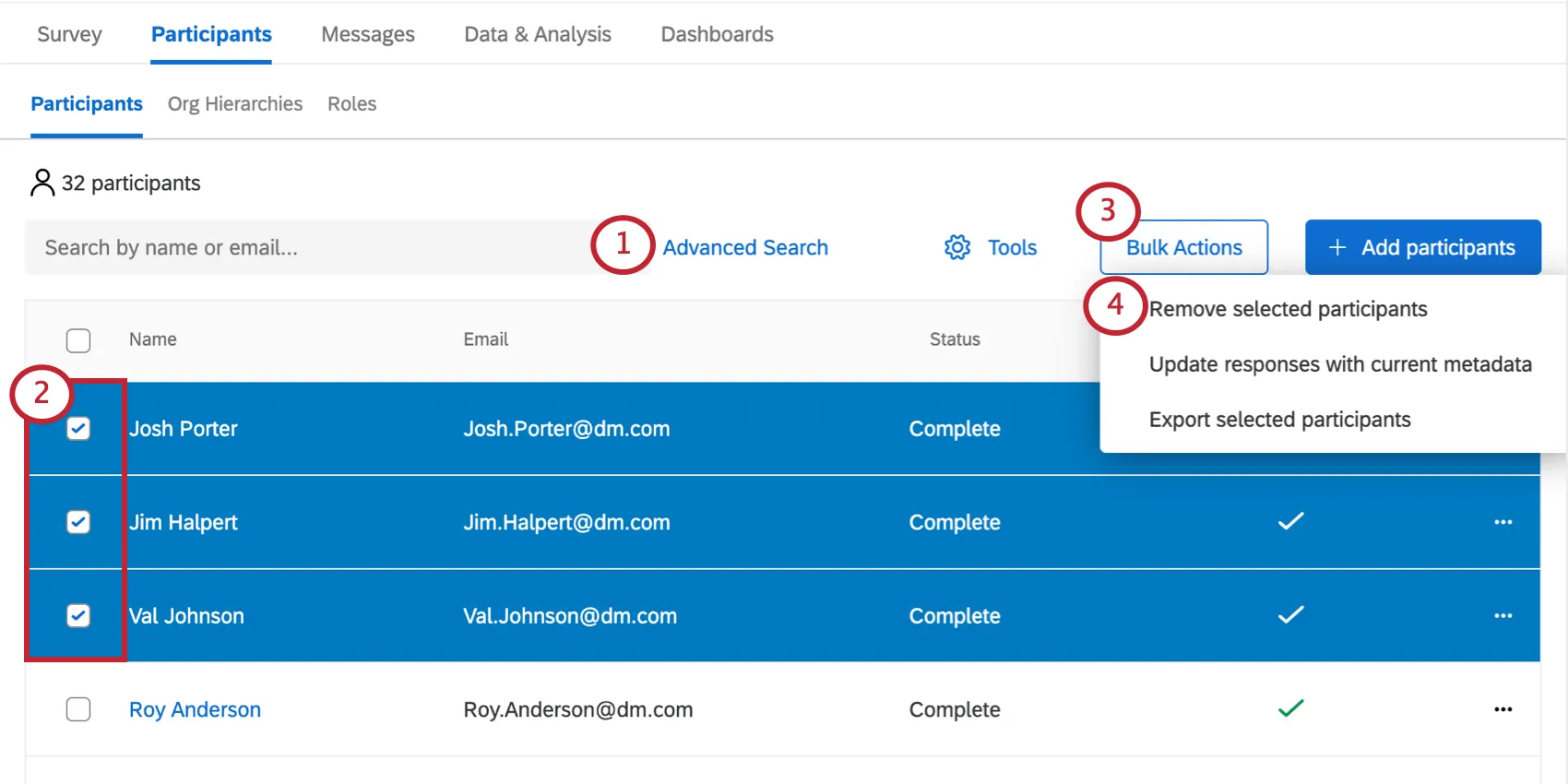 Participantes selecionados da lista