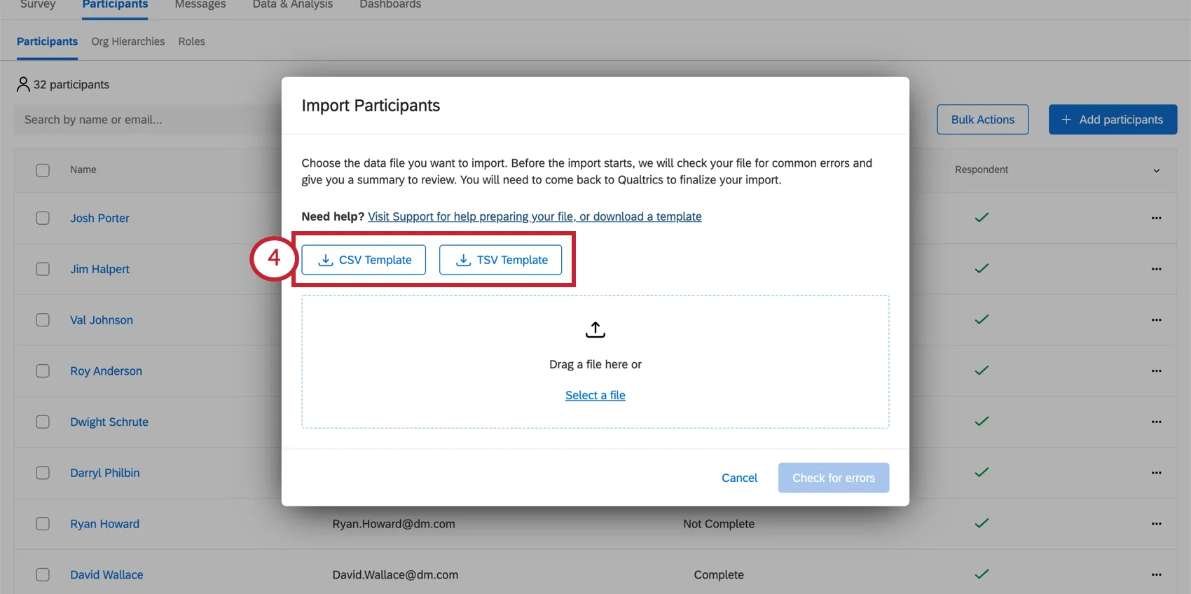 Ventana de importación de participantes, con plantillas csv y tsv , luego un botón para cargar un archivo