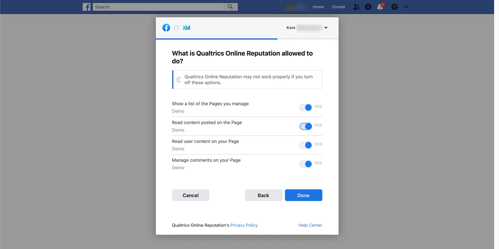 Fenster, in dem Sie konfigurieren, was die Qualtrics in Facebook tun darf