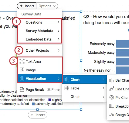 Insert menu expanded on a visualization