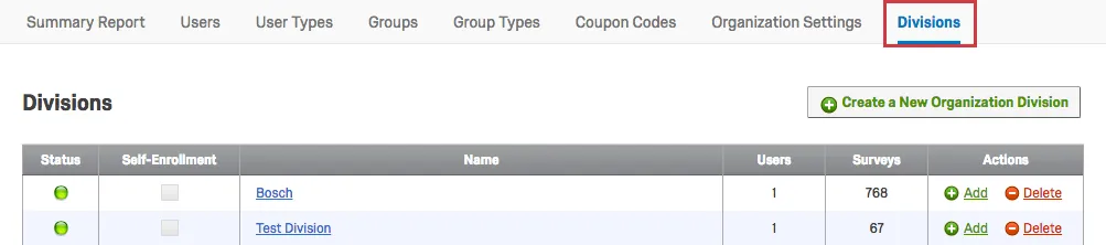 Divisions Tab within the Admin page
