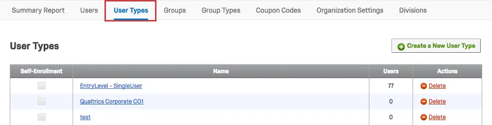 User Types tab within the Admin page