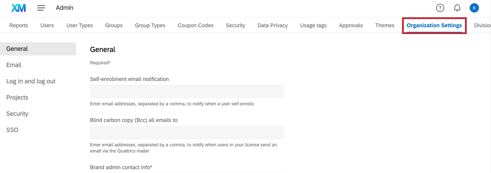 Organization Settings tab within the Admin page