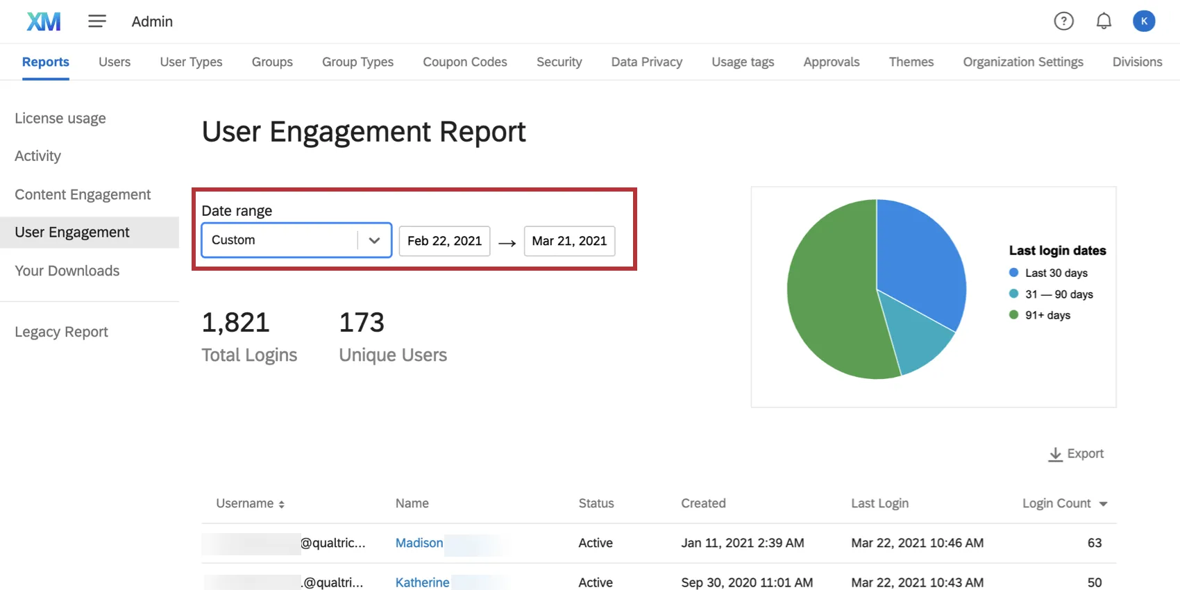 A date filter appears over the reports