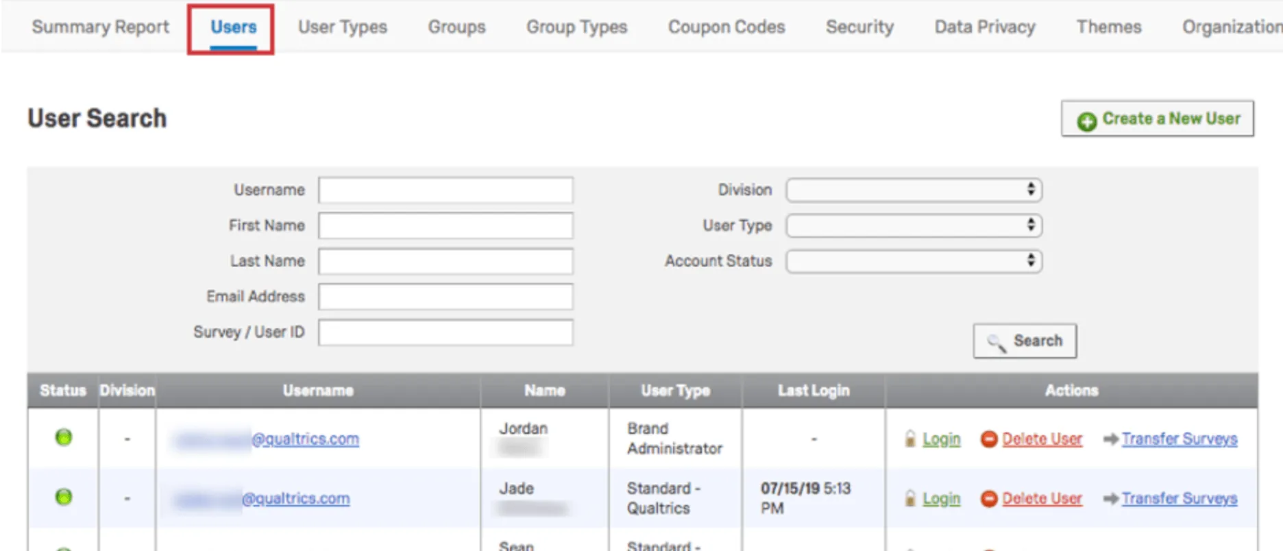 Admin page chosen upper-right, then lower, left, chose Users. See a list of users and an advanced search