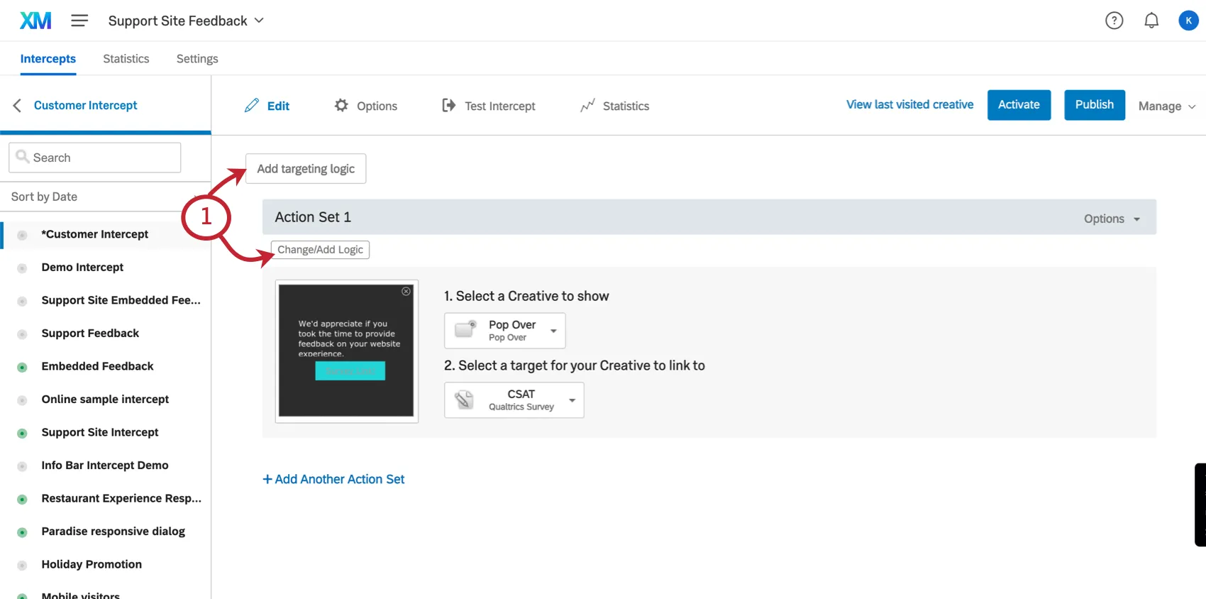 すべてのアクションセットの左上にある「Add Intercept Display Logic」ボタンと、各アクションセットの中にある「Change/Add Logic」ボタン。