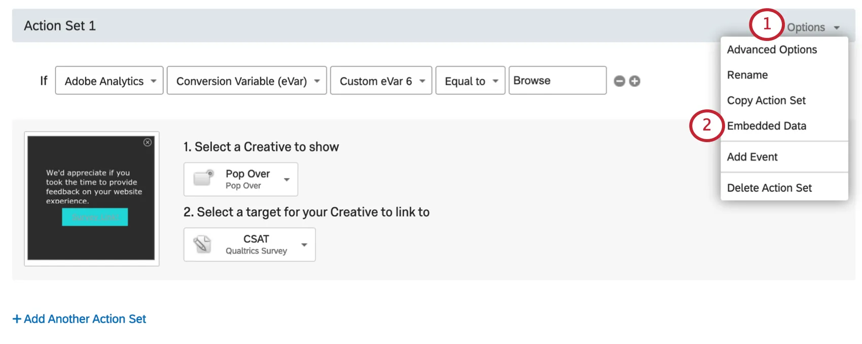 Clicking Options on the upper-right of an Action has revealed a menu with the option Embedded Data