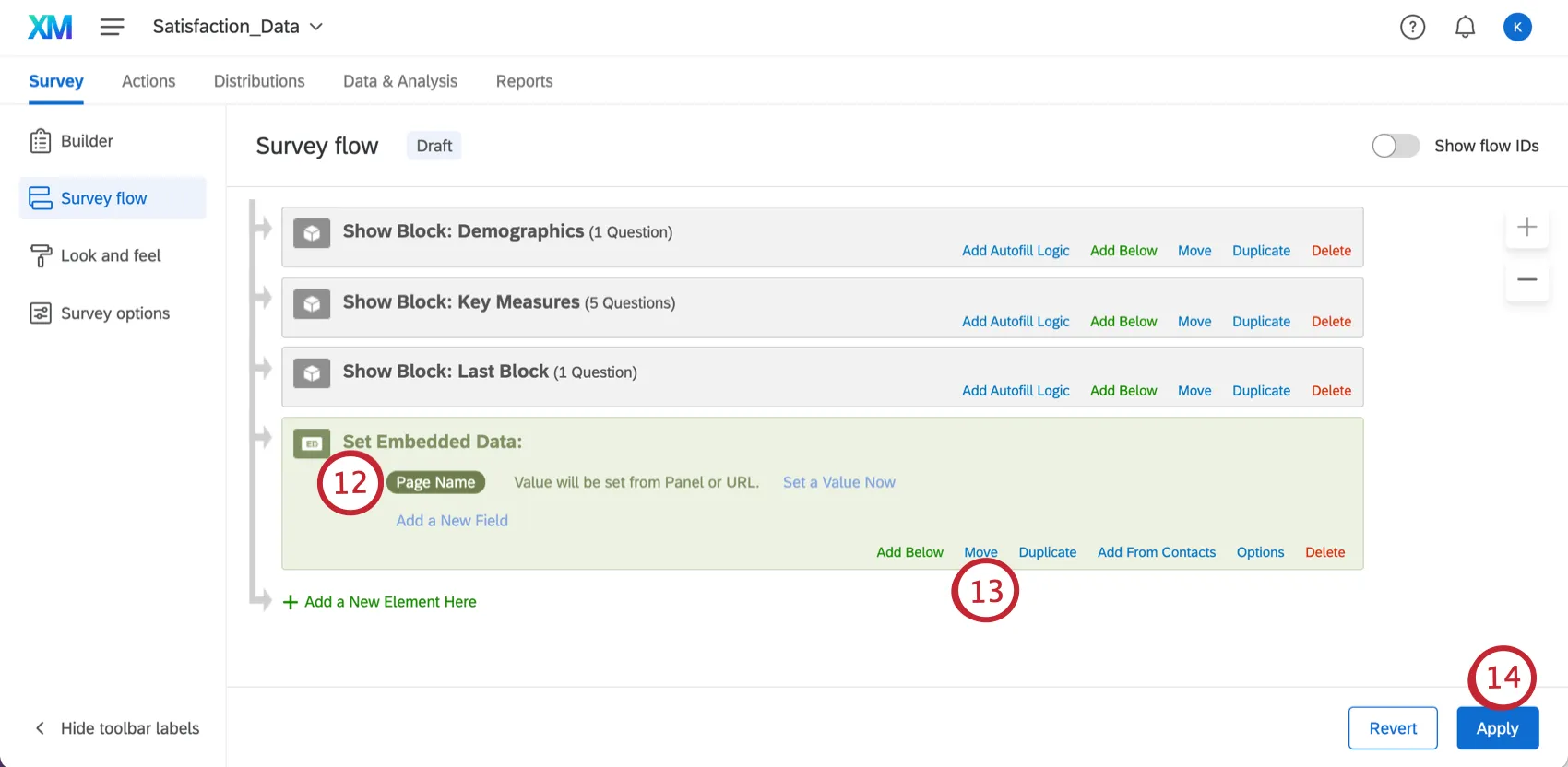 Um elemento Embedded Data com um campo chamado Page Name (como na janela Embedded Data definida anteriormente no Site Interceptor )