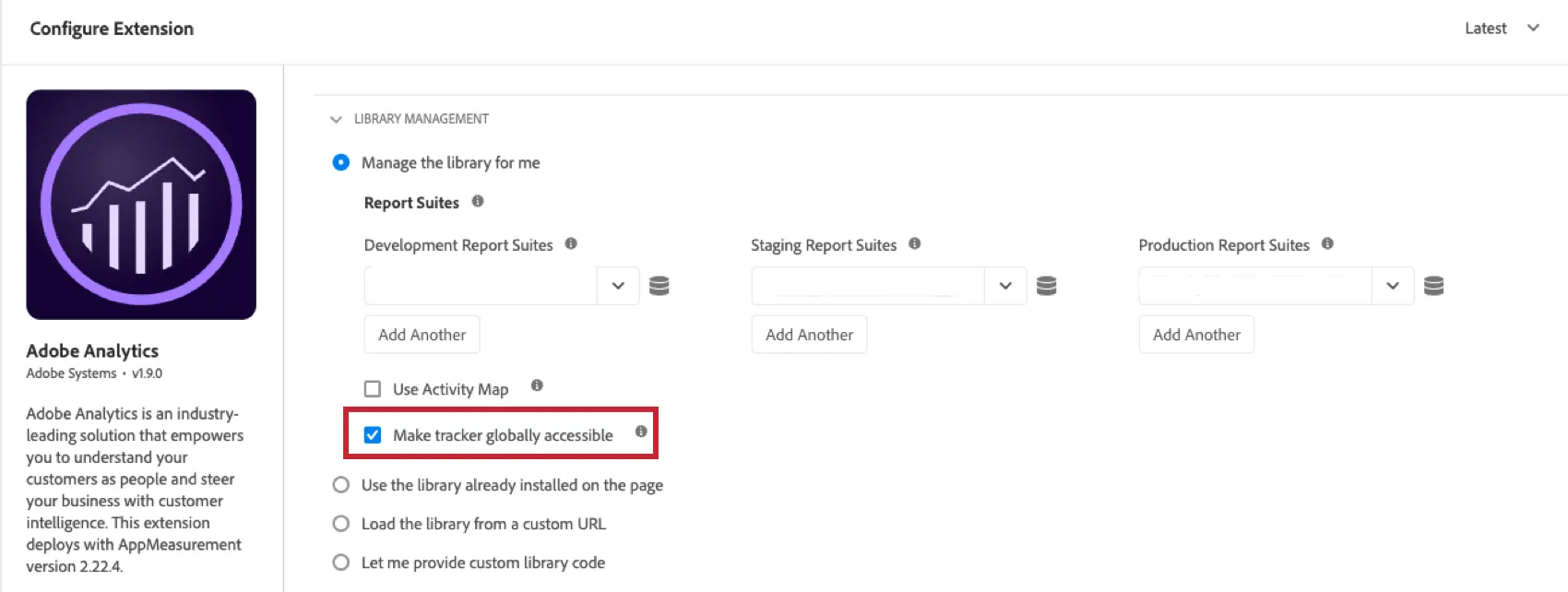 La opción Hacer que el rastreador sea accesible globalmente está marcada al configurar la extensión de Adobe Analytics