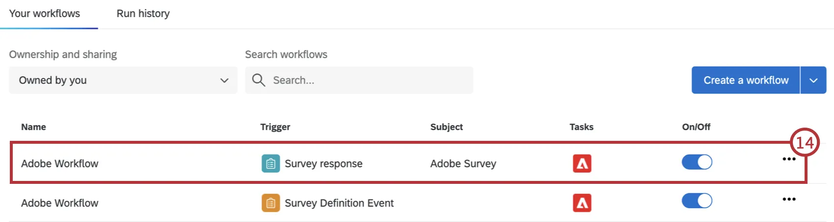 survey response workflow on workflows page