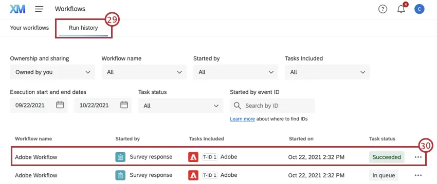 run history section of the workflows tab