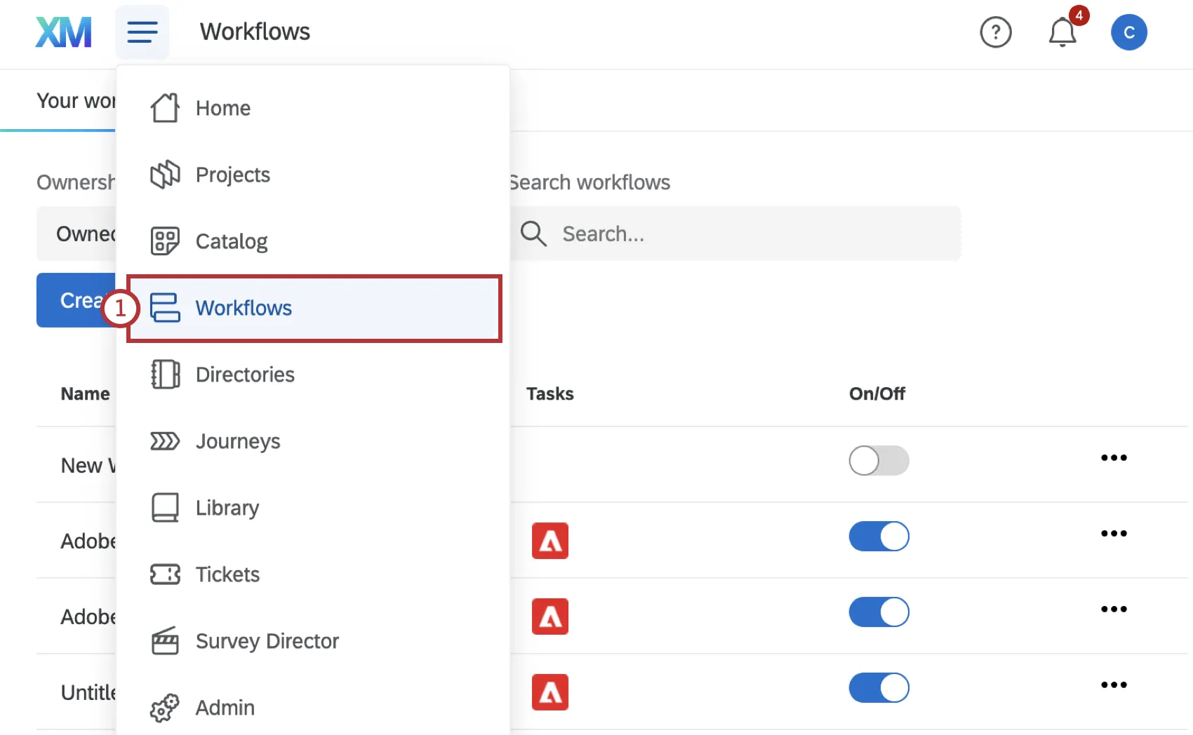 menu de navigation avec les flux DE TRAVAIL surlignés