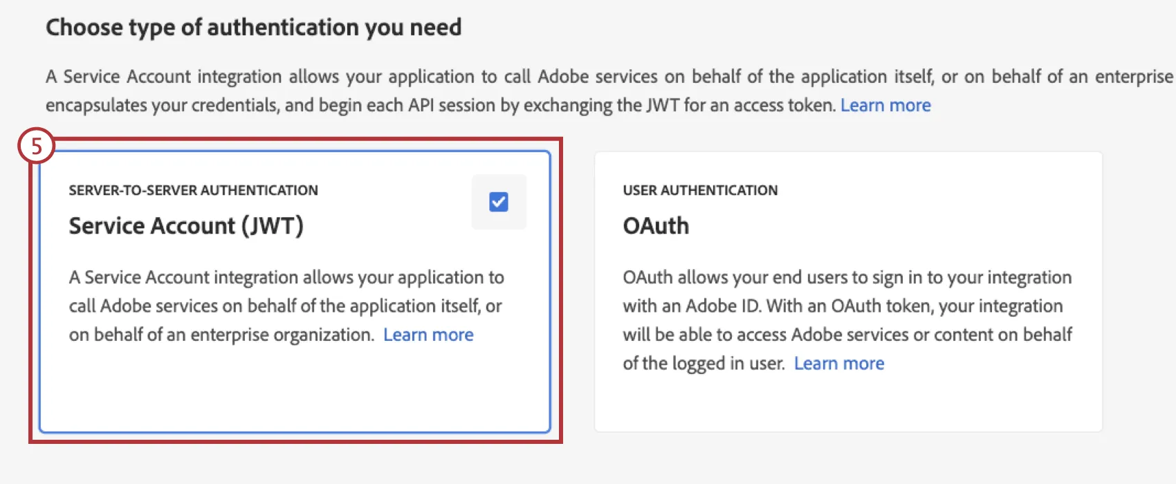 "service account" authentication option when creating a new Adobe project