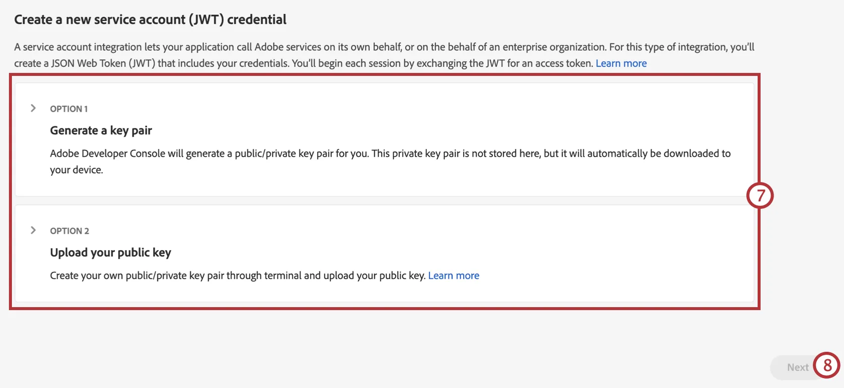 新規Adobeプロジェクトでのサービスアカウント認証情報の作成