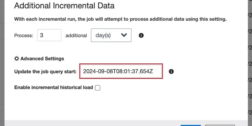 The "Update the job query start" in the advanced settings section
