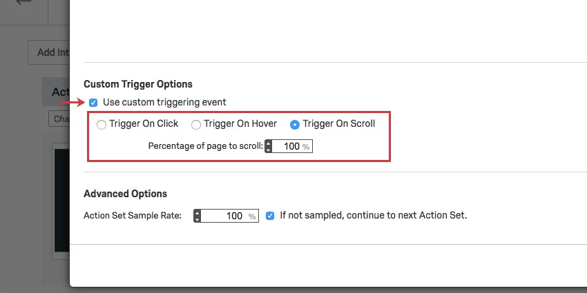 image of the use custom triggering event option. The option is set to trigger on scroll.