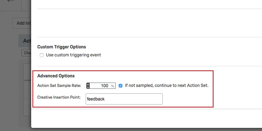 image of the advanced options including action set sample rate and creative insertion point