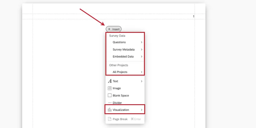 inside an advanced-report, clicking insert, then seeing menus. the screenshot is highlgihted to show data sources you can choose on the top, or, at the very bottom, the visualizations menu