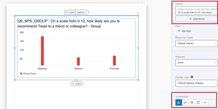 a bar chart showing different groups. on the right, in the editing pane, are metrics and visualizations to choose from