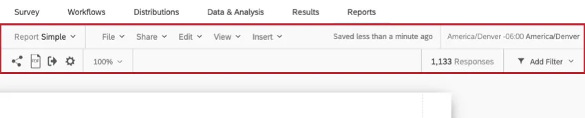 Barra de ferramentas de Relatórios na parte superior