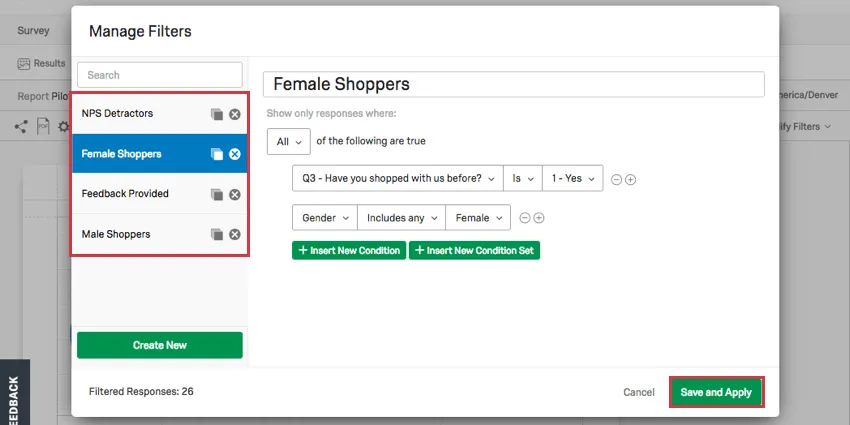 Una lista de filtros existentes a la izquierda de la ventana Administrar filtros