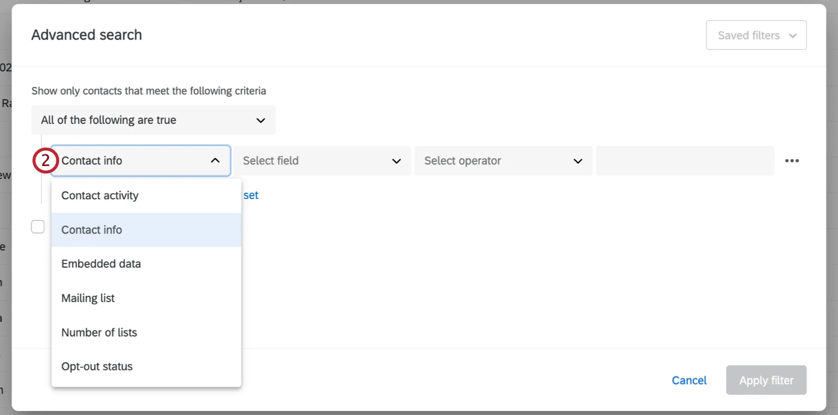 Advanced search is opened. In the first field, the drop down reveals fields you can filter by