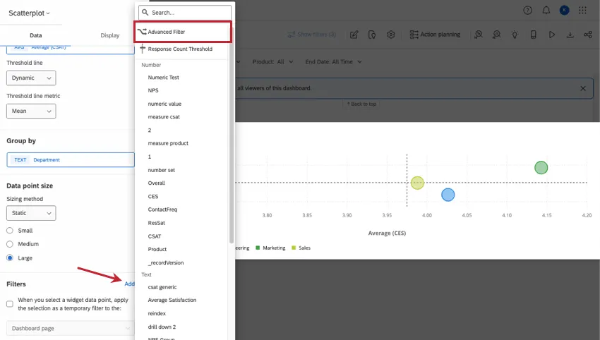 i filtri e i filtri avanzati sono evidenziati su un widget in modalità di modifica