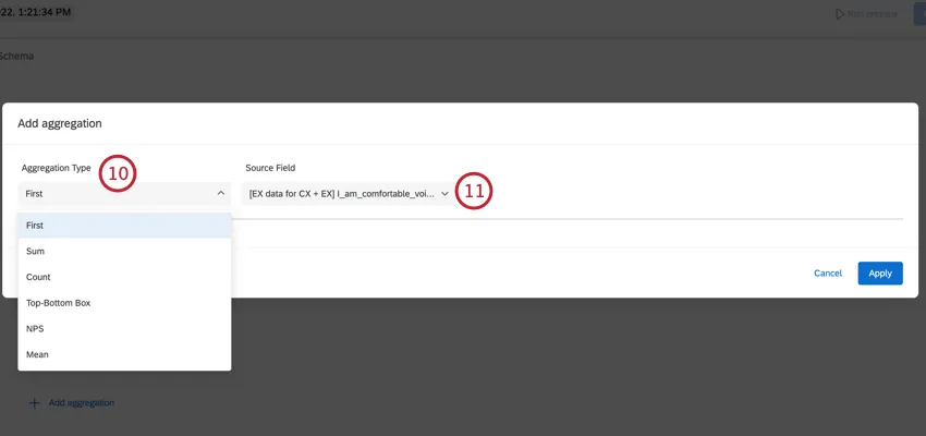 choosing an aggregation type and source field