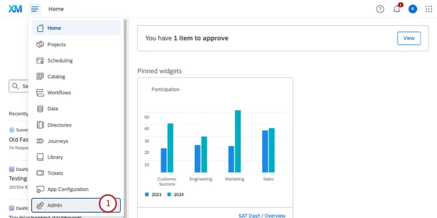 Abrir o menu de opções e selecionar admin