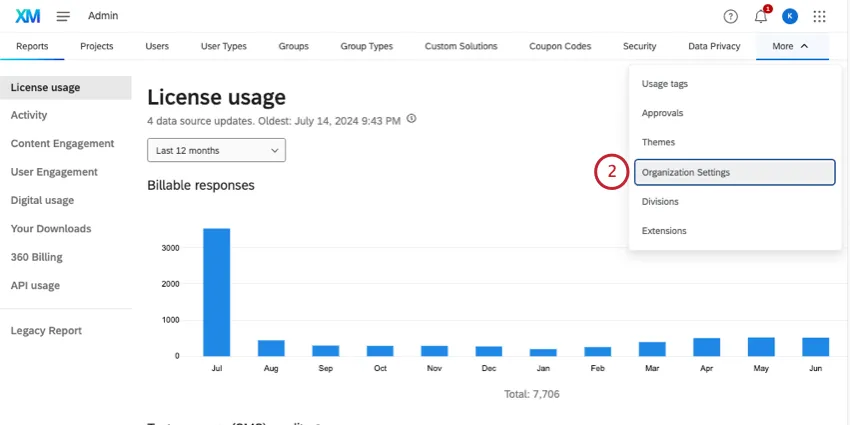 Klicken Sie in der Liste der Admin-Seiten auf Mehr und wählen Sie dann Organisationseinstellungen.
