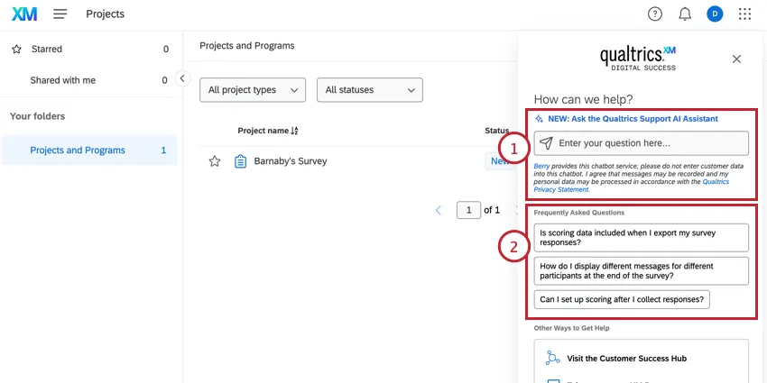 fazer uma pergunta ao assistente de IA e revisar as perguntas frequentes
