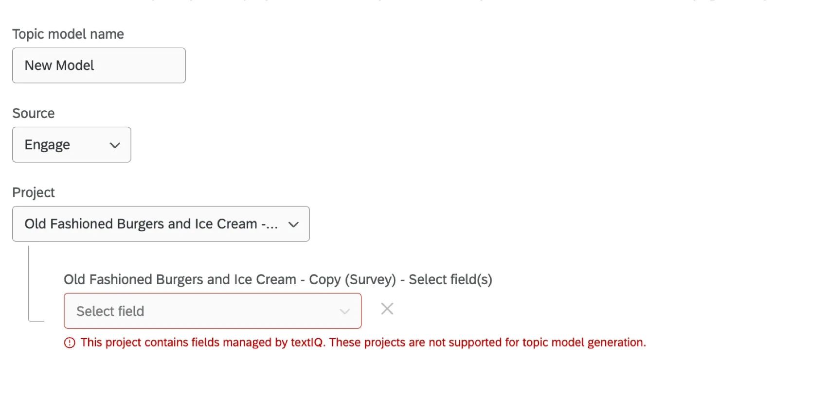 receiving an error that the selected project already has a Text iQ model associated with it