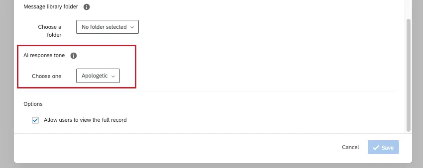 eine Aufgabe für ein Ticket in einem Workflow erstellen, und es gibt ein Feld für den KI-Antwortton