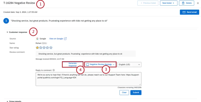 generate response button within a specific ticket