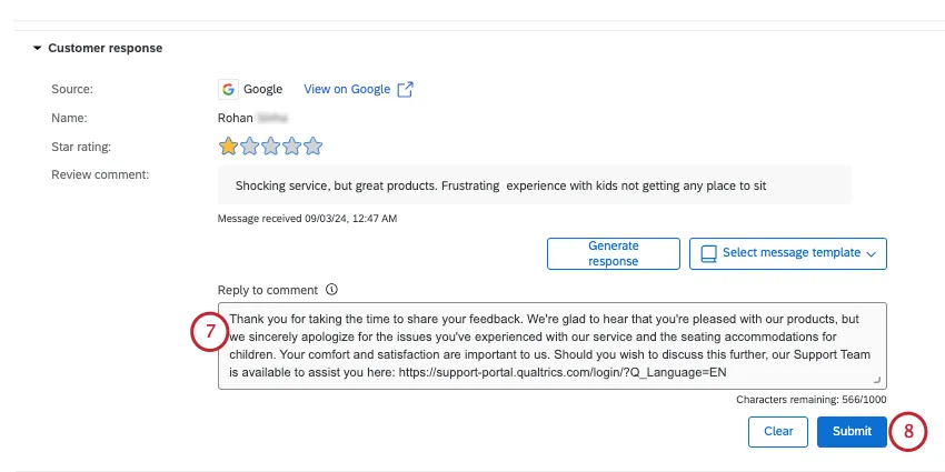 textbox for editing the ticket response and the submit button