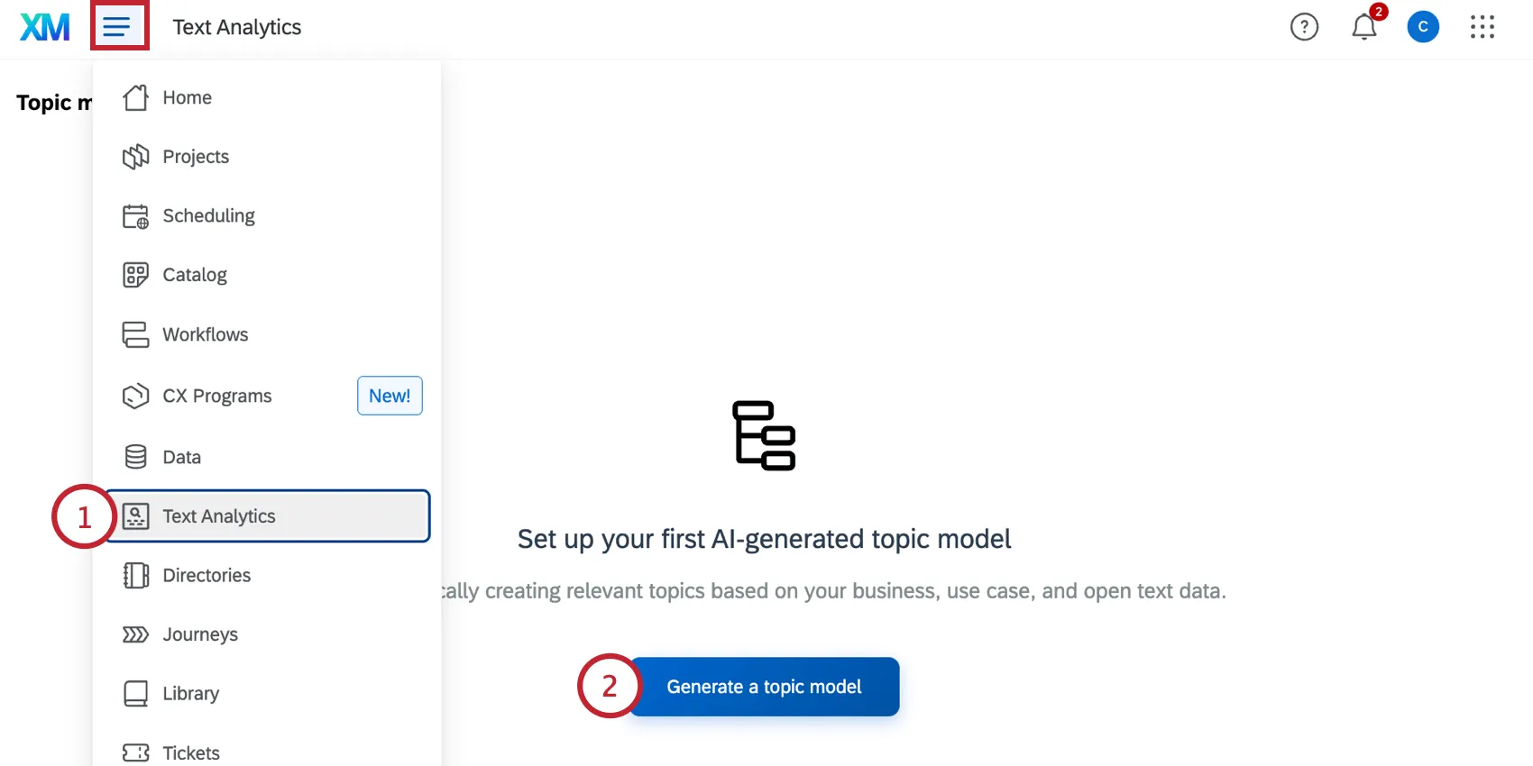 clicking "generate a topic model" in the text analytics tab
