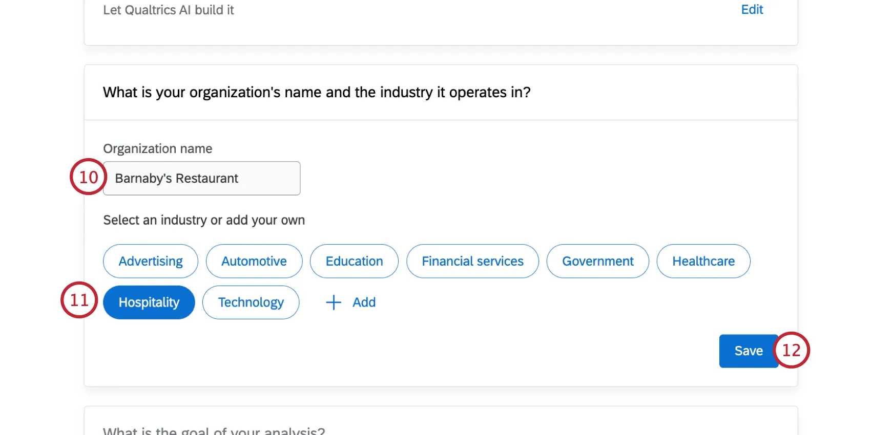 Ingresando el nombre de la organización y eligiendo una industria
