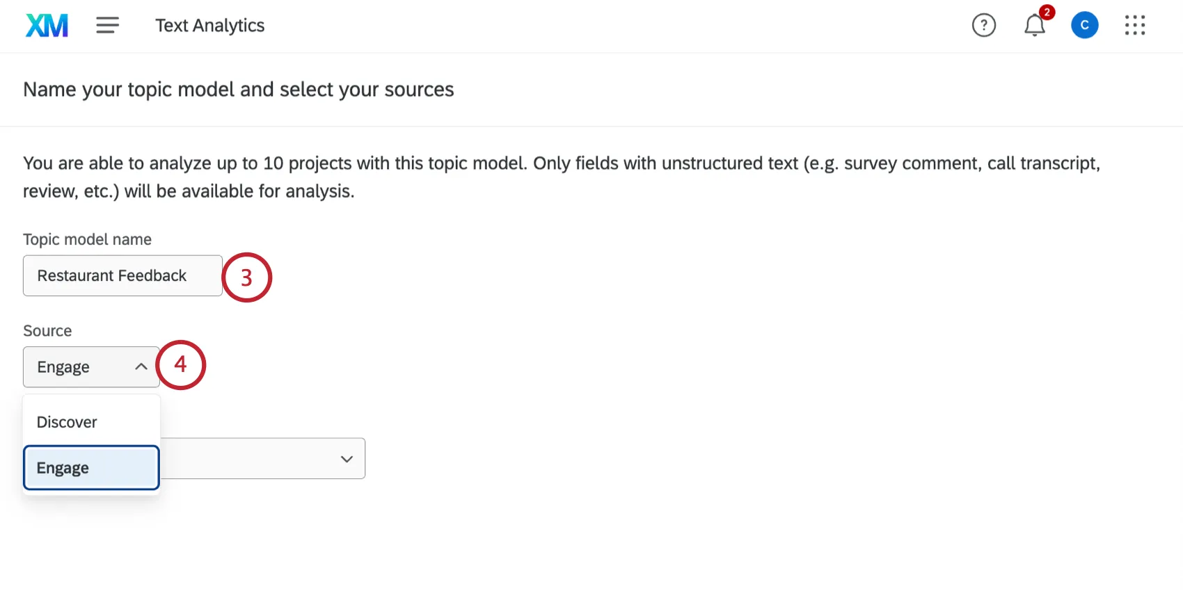 giving the model a name and selecting Engage as the data source