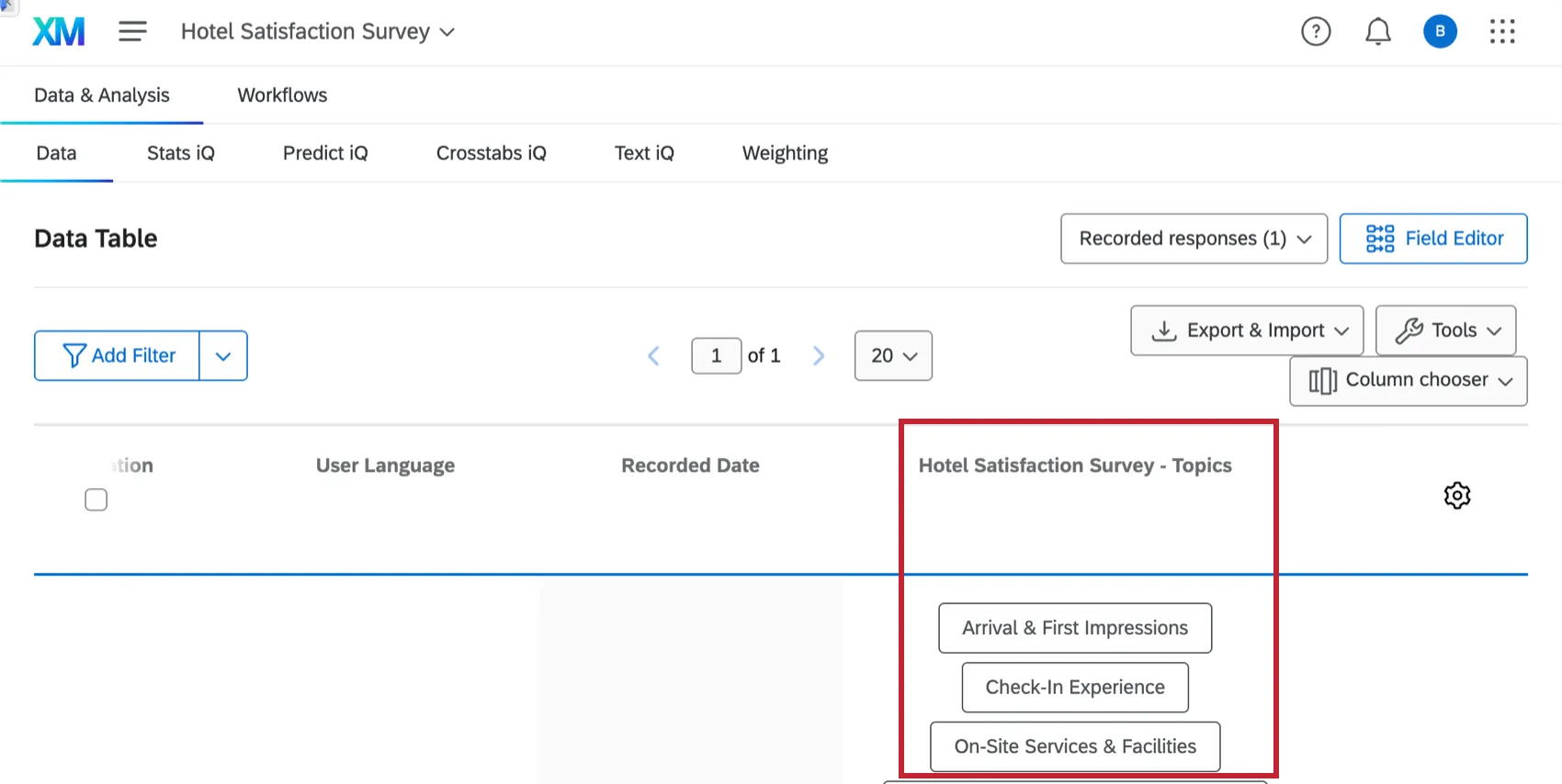 viewing the ai topic fields in the Data & Analysis tab of the project
