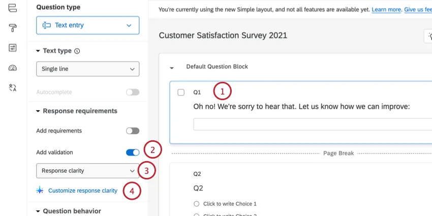 permettre la validation de la clarté des réponses à une question de saisie du texte