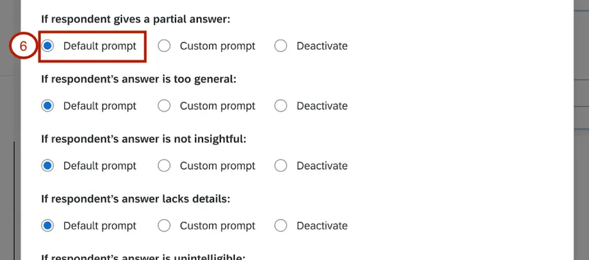 enabling default prompt for a criteria category