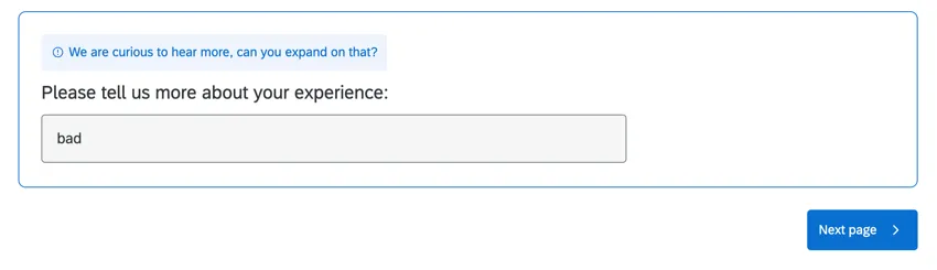 a respondent entering "bad" for a text entry question, with the AI prompt asking them for more details