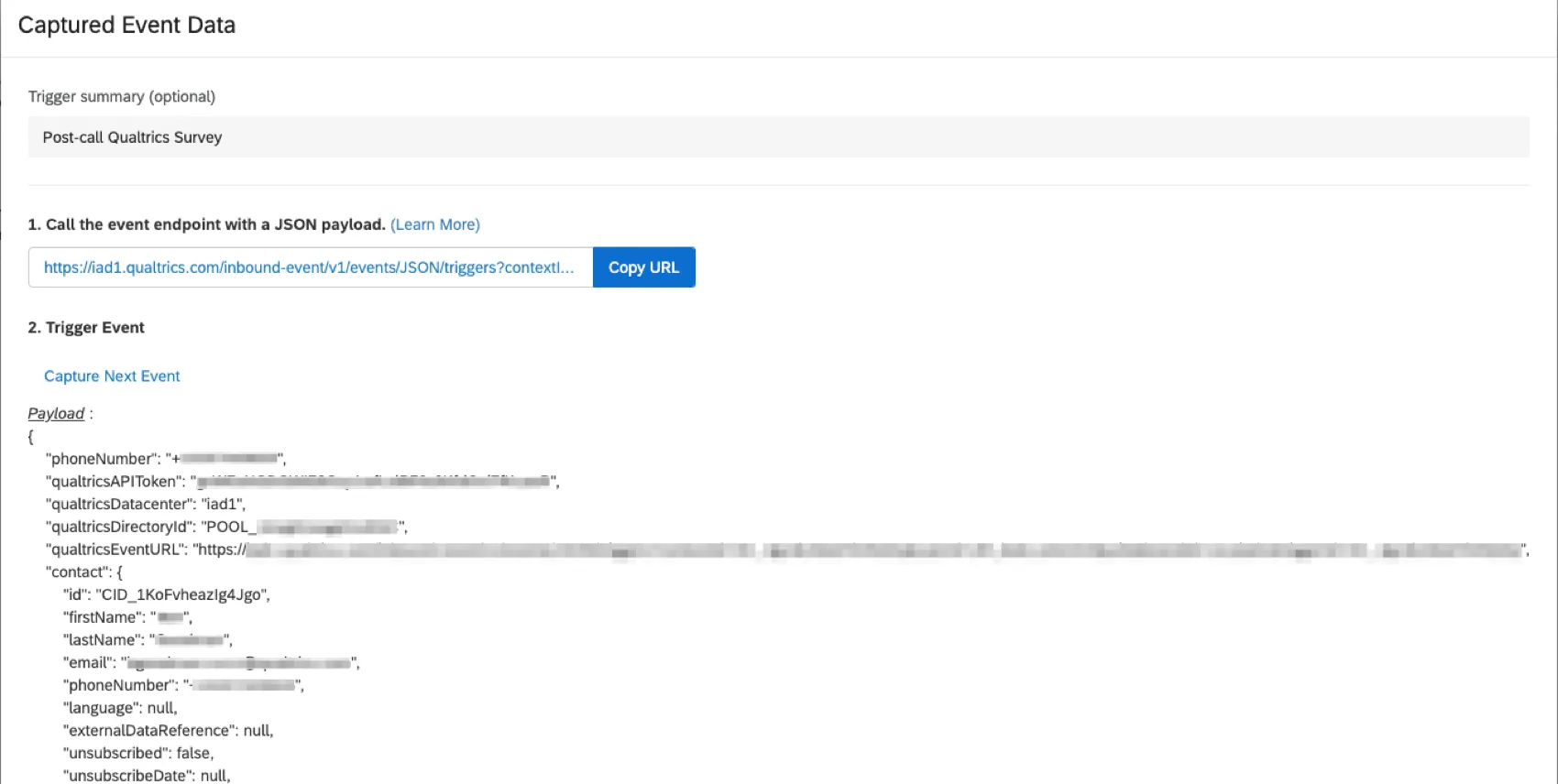 i dati degli eventi catturati allinterno di Qualtrics