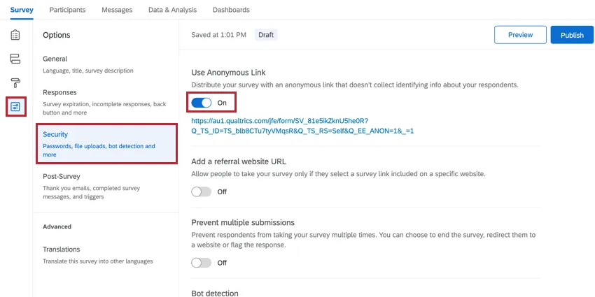 nella sezione Sicurezza delle opzioni sondaggio. lopzione Collegamento anonimo è attivata