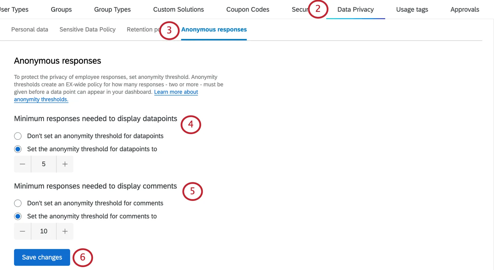 Data privacy tab with options for entering anonymity thresholds