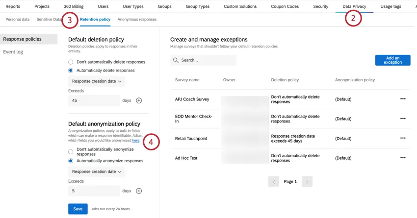 navigating to data privacy and then the default anonymization policy