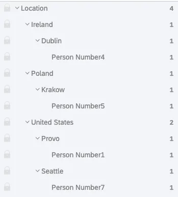 A hierarchy with 4 people, each within two location-based levels