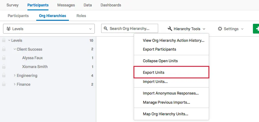 Export Units option under hierarchy tools