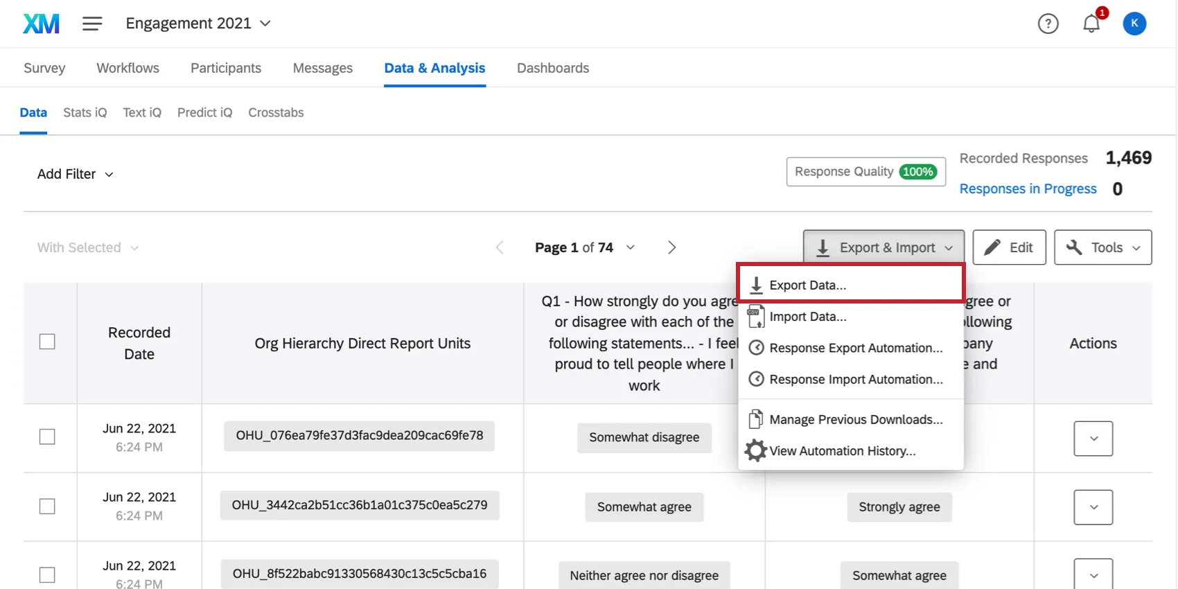 Export Data option on the data and analysis page